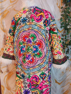 Floral Embroidered Afghan Coat: Mongolian Fur Trim, Multicolor Rainbow jacket