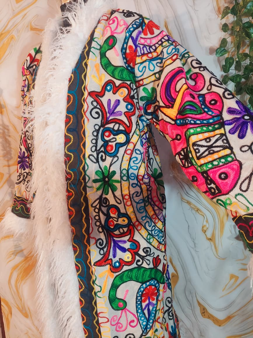 Floral Embroidered Afghan Coat: Mongolian Fur Trim, Multicolor Rainbow jacket