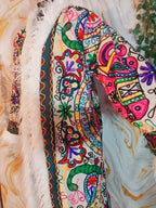 Floral Embroidered Afghan Coat: Mongolian Fur Trim, Multicolor Rainbow jacket