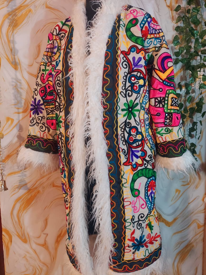 Floral Embroidered Afghan Coat: Mongolian Fur Trim, Multicolor Rainbow jacket