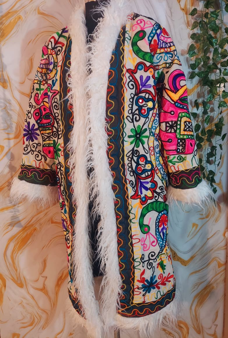 Floral Embroidered Afghan Coat: Mongolian Fur Trim, Multicolor Rainbow jacket