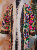 Floral Embroidered Afghan Coat: Mongolian Fur Trim, Multicolor Rainbow jacket