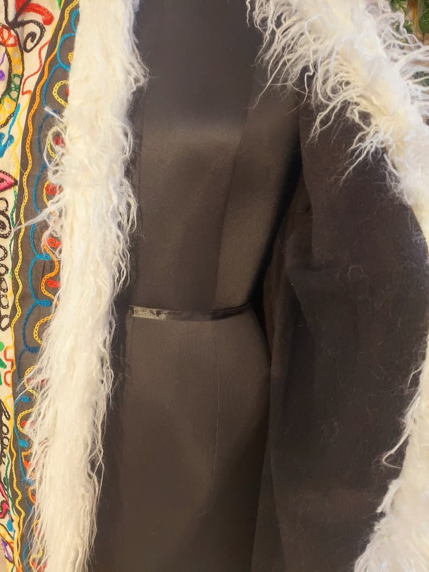 Floral Embroidered Afghan Coat: Mongolian Fur Trim, Multicolor Rainbow jacket