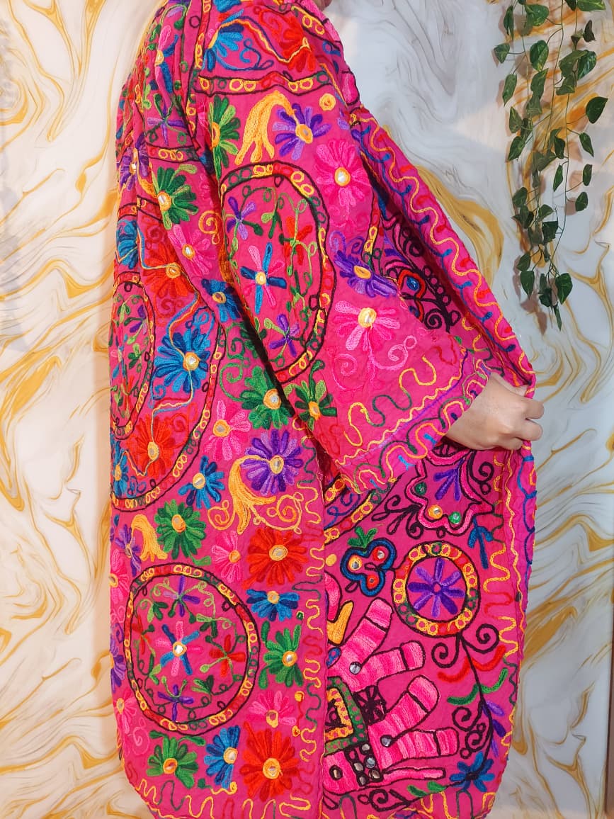Reversible dark pink Afghan Coat: Embroidered Floral Cotton, Mongolian Fur Trim, ChristmasJacket