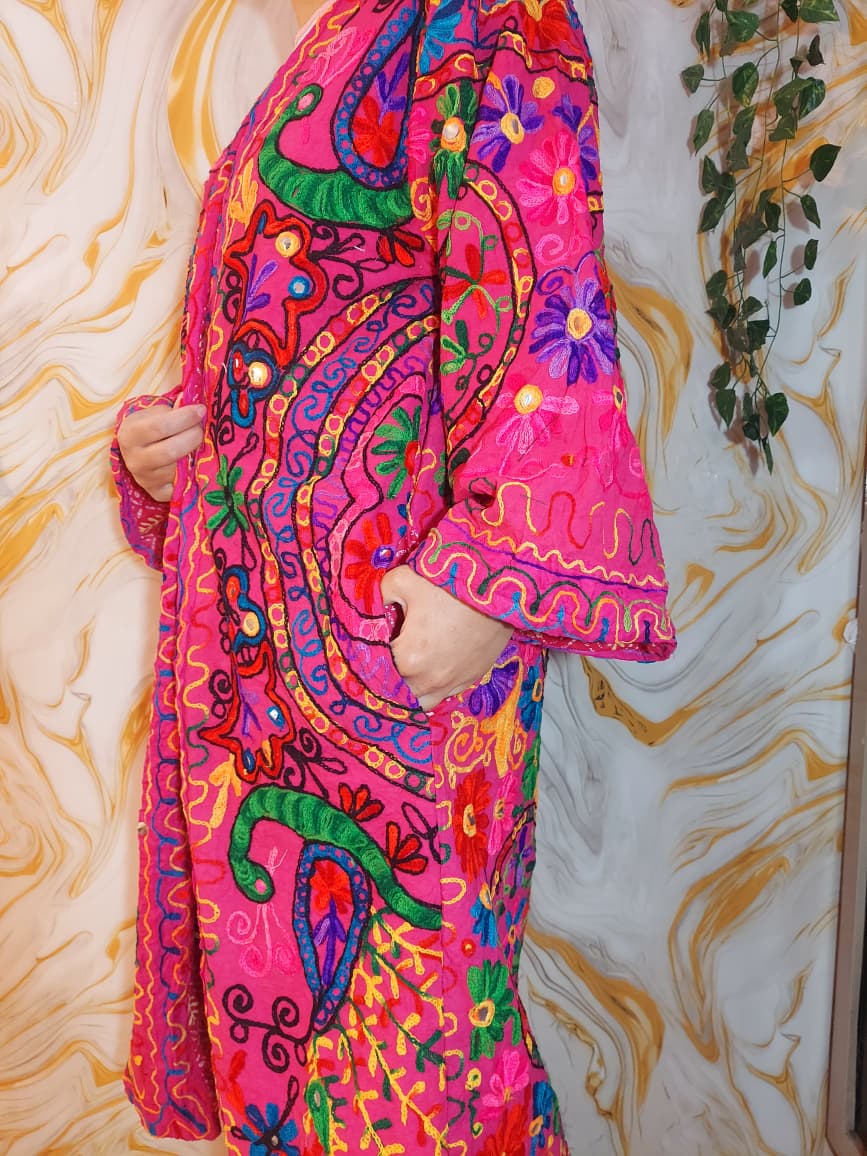 Reversible dark pink Afghan Coat: Embroidered Floral Cotton, Mongolian Fur Trim, ChristmasJacket