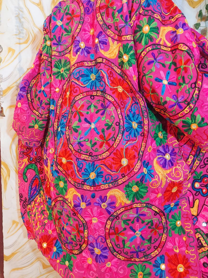 Reversible dark pink Afghan Coat: Embroidered Floral Cotton, Mongolian Fur Trim, ChristmasJacket