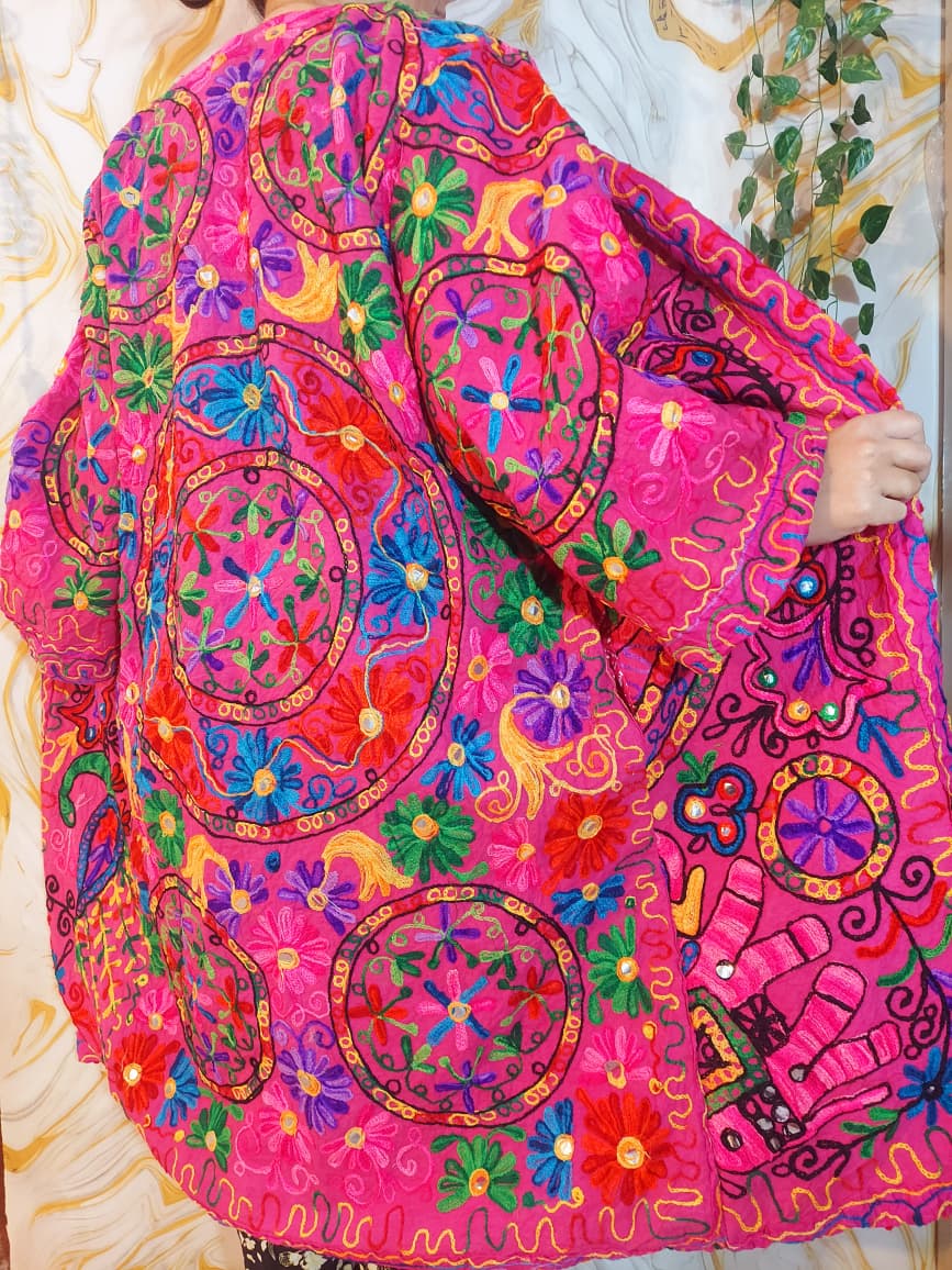 Reversible dark pink Afghan Coat: Embroidered Floral Cotton, Mongolian Fur Trim, ChristmasJacket