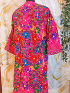Reversible dark pink Afghan Coat: Embroidered Floral Cotton, Mongolian Fur Trim, ChristmasJacket