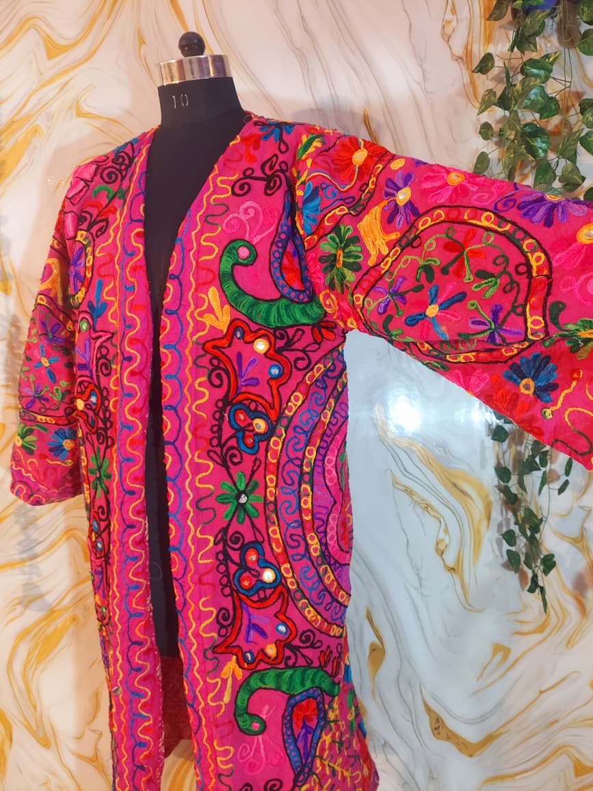 Reversible dark pink Afghan Coat: Embroidered Floral Cotton, Mongolian Fur Trim, ChristmasJacket