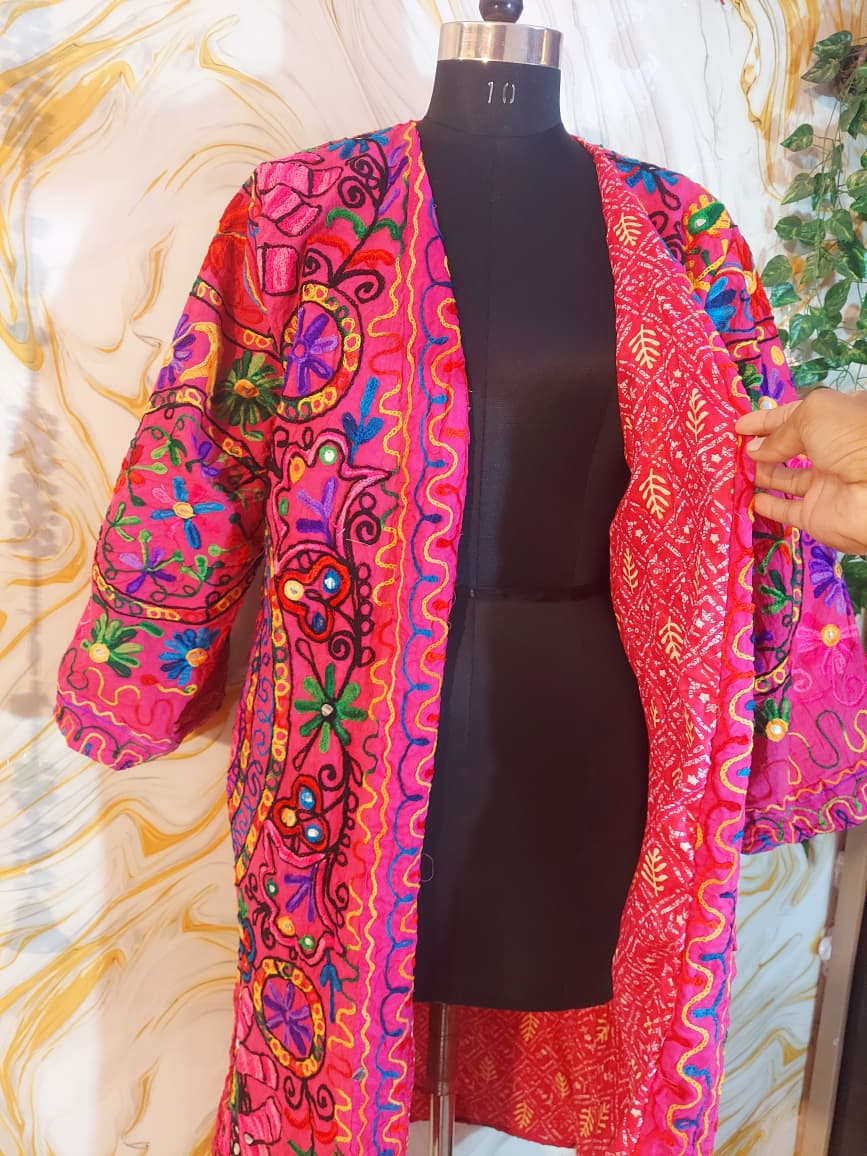 Reversible dark pink Afghan Coat: Embroidered Floral Cotton, Mongolian Fur Trim, ChristmasJacket