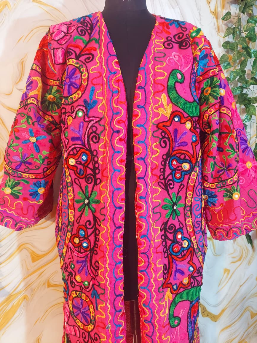 Reversible dark pink Afghan Coat: Embroidered Floral Cotton, Mongolian Fur Trim, ChristmasJacket