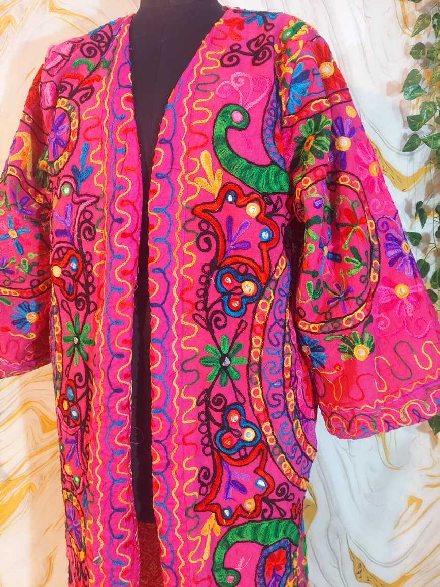 Reversible dark pink Afghan Coat: Embroidered Floral Cotton, Mongolian Fur Trim, ChristmasJacket