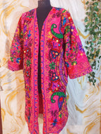 Reversible dark pink Afghan Coat: Embroidered Floral Cotton, Mongolian Fur Trim, ChristmasJacket