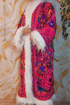 Reversible dark pink Afghan Coat: Embroidered Floral Cotton, Mongolian Fur Trim, ChristmasJacket