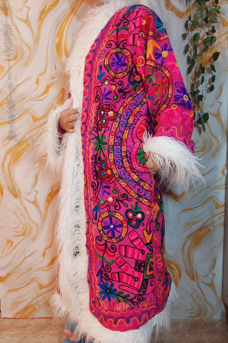 Reversible dark pink Afghan Coat: Embroidered Floral Cotton, Mongolian Fur Trim, ChristmasJacket