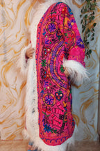 Reversible dark pink Afghan Coat: Embroidered Floral Cotton, Mongolian Fur Trim, ChristmasJacket