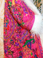 Reversible dark pink Afghan Coat: Embroidered Floral Cotton, Mongolian Fur Trim, ChristmasJacket