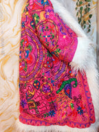 Reversible dark pink Afghan Coat: Embroidered Floral Cotton, Mongolian Fur Trim, ChristmasJacket