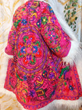 Reversible dark pink Afghan Coat: Embroidered Floral Cotton, Mongolian Fur Trim, ChristmasJacket