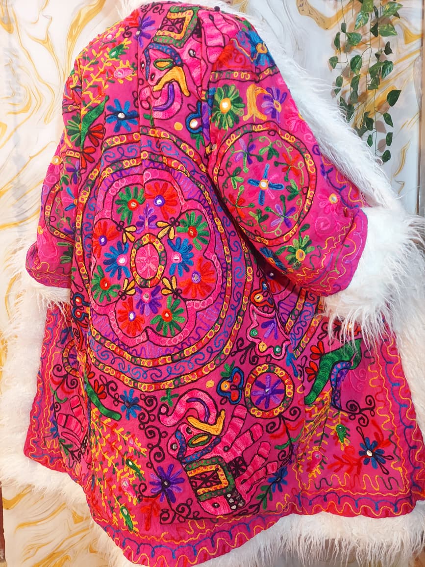 Reversible dark pink Afghan Coat: Embroidered Floral Cotton, Mongolian Fur Trim, ChristmasJacket