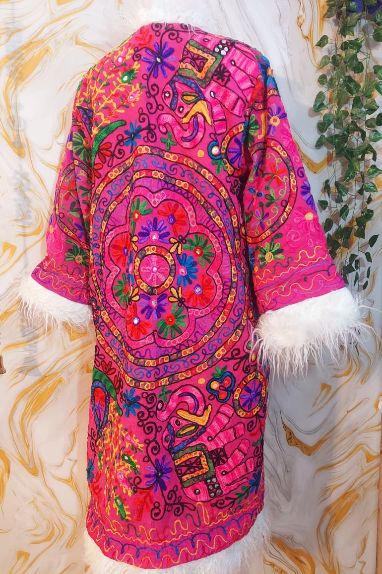 Reversible dark pink Afghan Coat: Embroidered Floral Cotton, Mongolian Fur Trim, ChristmasJacket