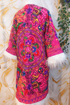 Reversible dark pink Afghan Coat: Embroidered Floral Cotton, Mongolian Fur Trim, ChristmasJacket