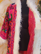 Reversible dark pink Afghan Coat: Embroidered Floral Cotton, Mongolian Fur Trim, ChristmasJacket