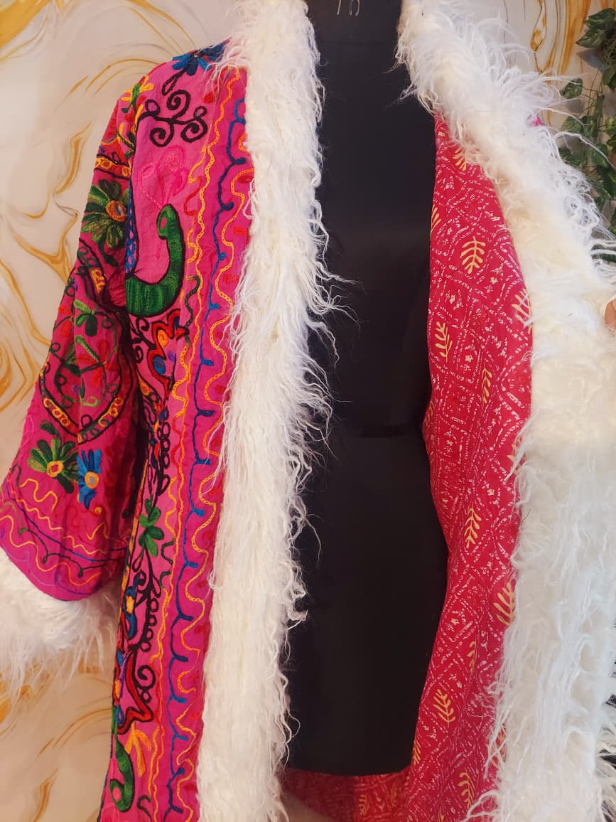 Reversible dark pink Afghan Coat: Embroidered Floral Cotton, Mongolian Fur Trim, ChristmasJacket