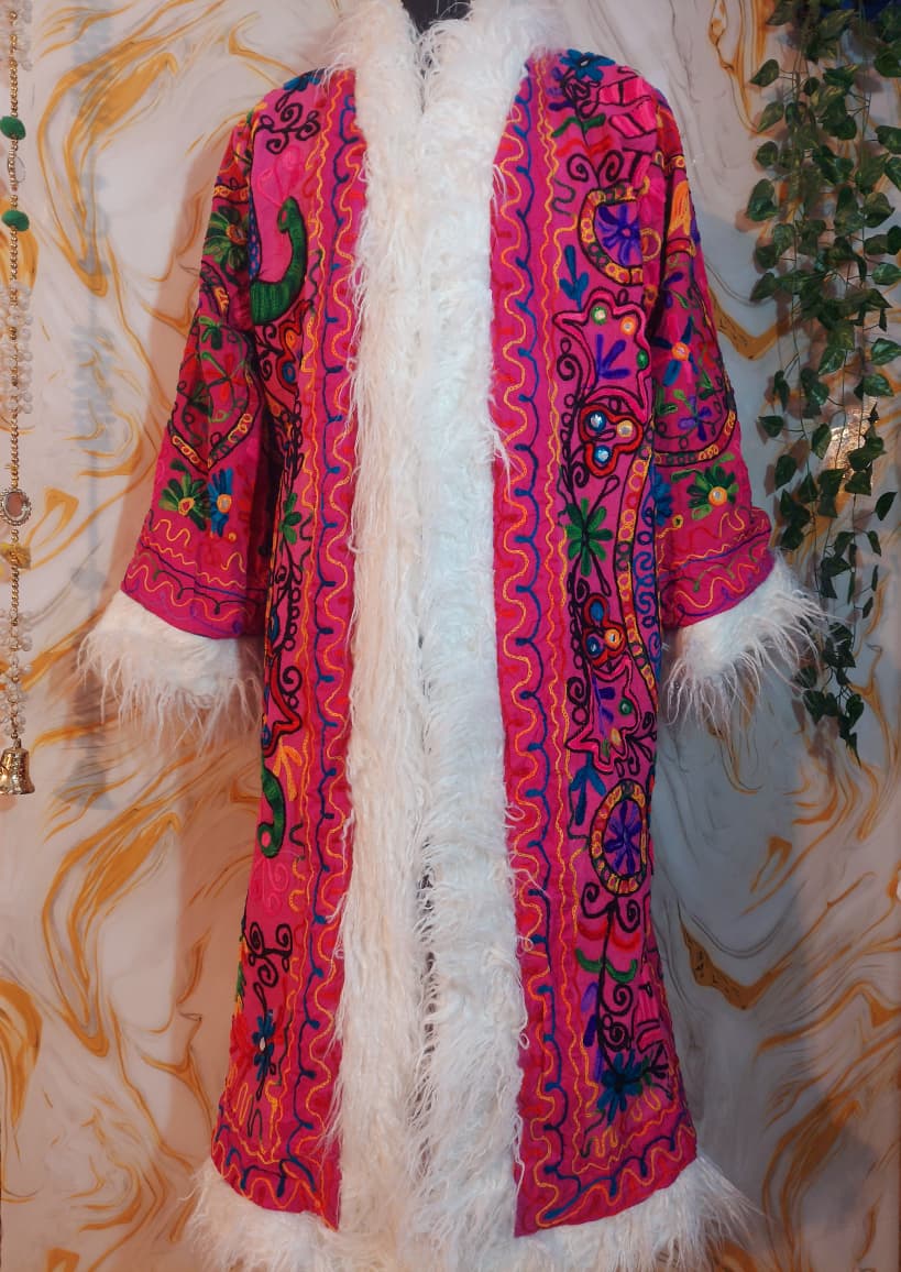 Reversible dark pink Afghan Coat: Embroidered Floral Cotton, Mongolian Fur Trim, ChristmasJacket
