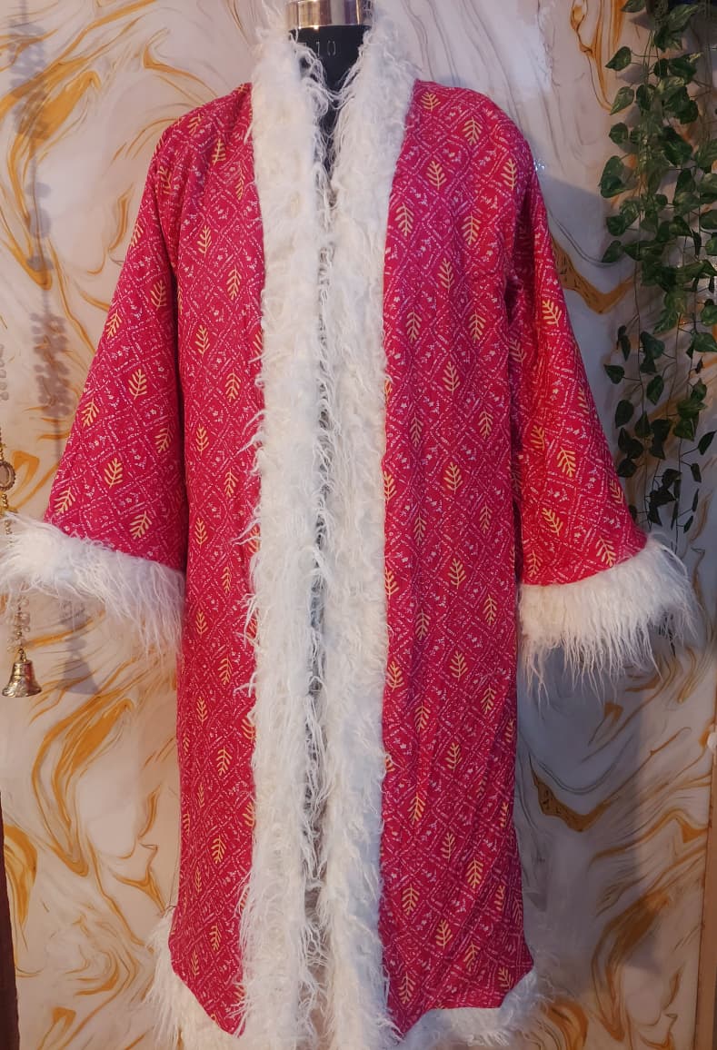 Reversible dark pink Afghan Coat: Embroidered Floral Cotton, Mongolian Fur Trim, ChristmasJacket