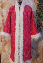Reversible dark pink Afghan Coat: Embroidered Floral Cotton, Mongolian Fur Trim, ChristmasJacket