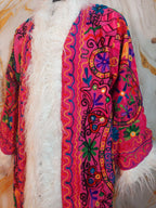Reversible dark pink Afghan Coat: Embroidered Floral Cotton, Mongolian Fur Trim, ChristmasJacket