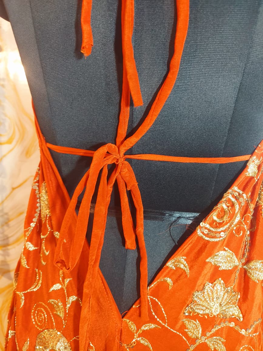 Handmade Orange Halter Maxi Dress, Gold Embroidered Floral Paisley