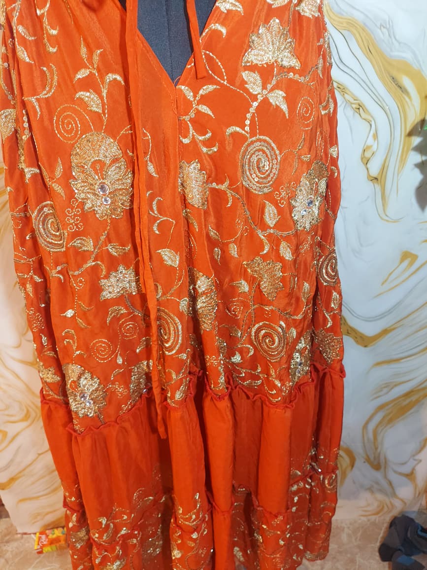 Handmade Orange Halter Maxi Dress, Gold Embroidered Floral Paisley