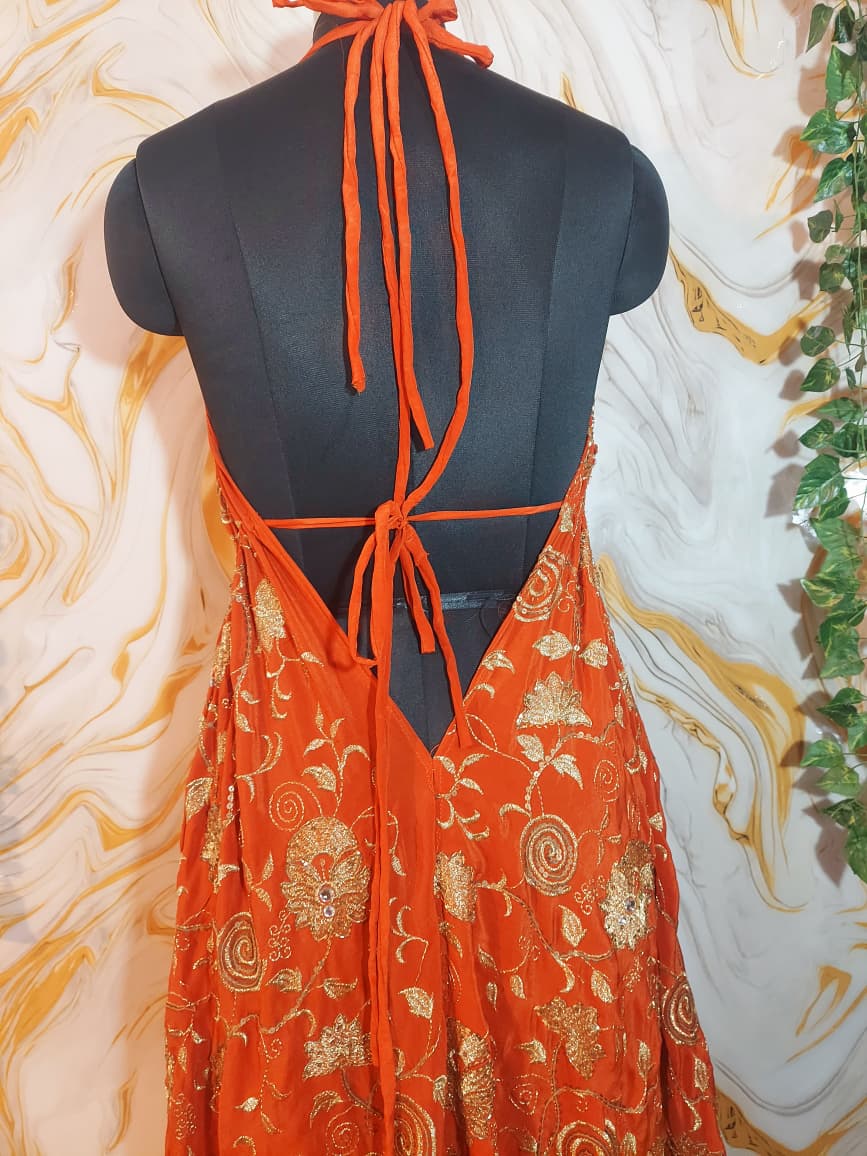 Handmade Orange Halter Maxi Dress, Gold Embroidered Floral Paisley