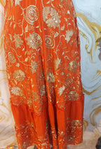 Handmade Orange Halter Maxi Dress, Gold Embroidered Floral Paisley