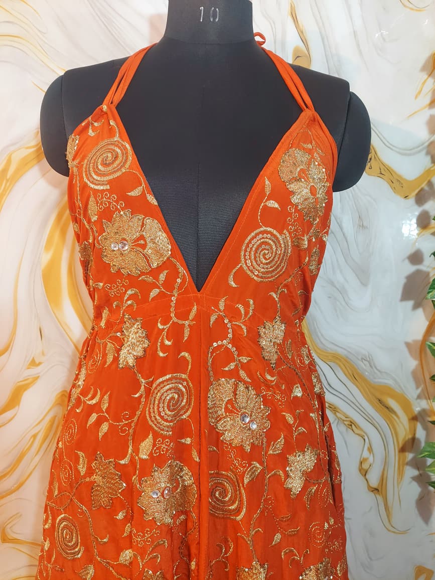 Handmade Orange Halter Maxi Dress, Gold Embroidered Floral Paisley