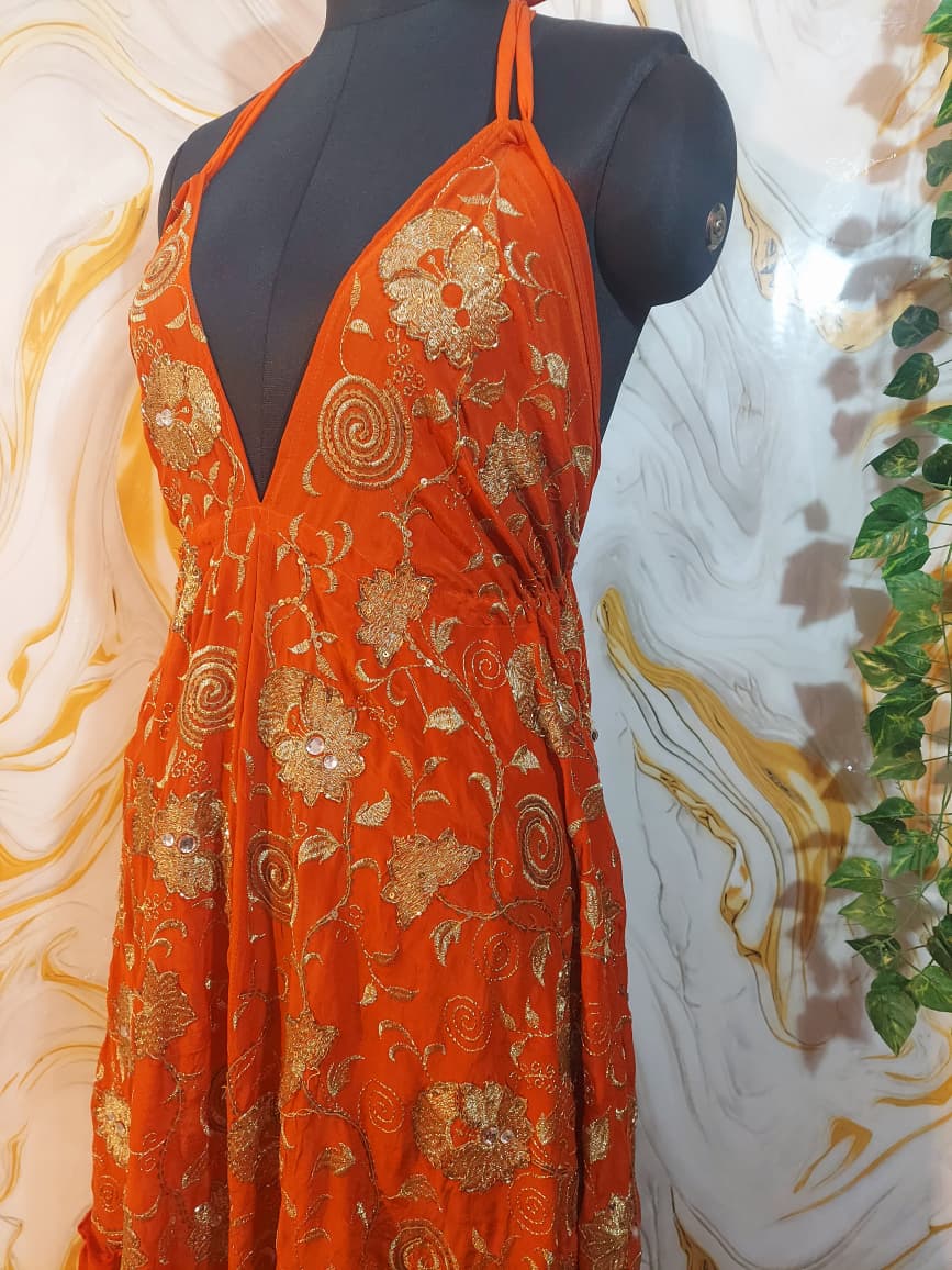 Handmade Orange Halter Maxi Dress, Gold Embroidered Floral Paisley