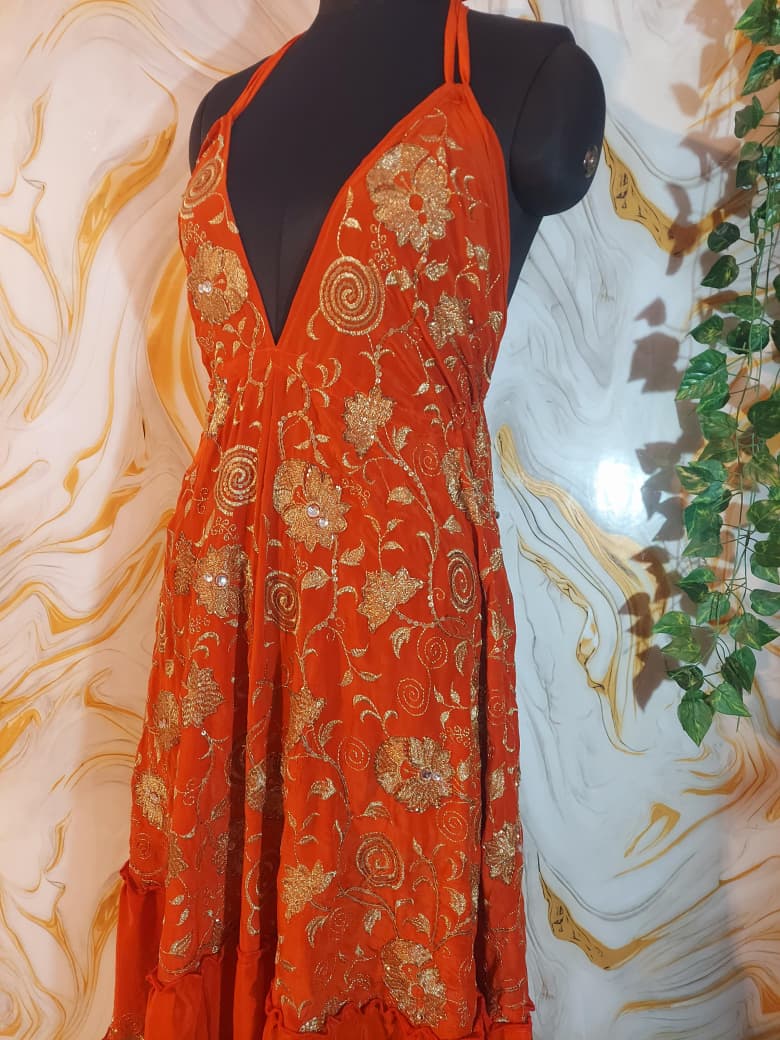 Handmade Orange Halter Maxi Dress, Gold Embroidered Floral Paisley