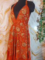 Handmade Orange Halter Maxi Dress, Gold Embroidered Floral Paisley