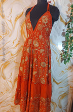 Handmade Orange Halter Maxi Dress, Gold Embroidered Floral Paisley