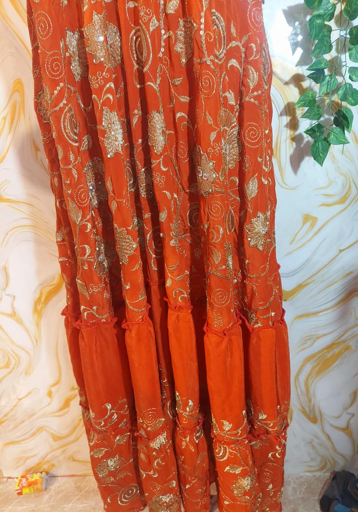 Handmade Orange Halter Maxi Dress, Gold Embroidered Floral Paisley