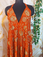Handmade Orange Halter Maxi Dress, Gold Embroidered Floral Paisley