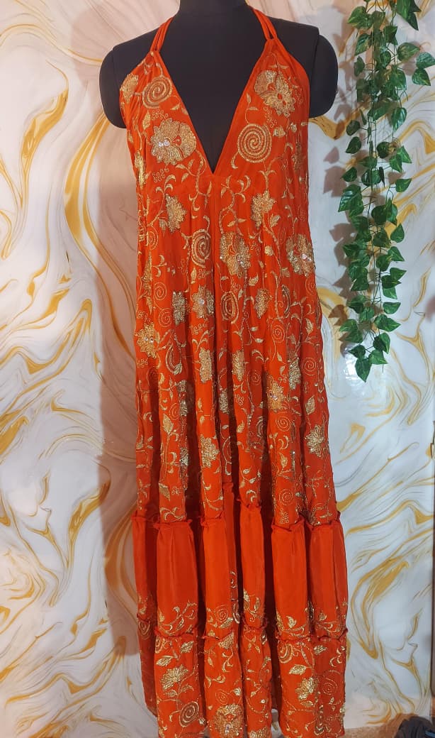 Handmade Orange Halter Maxi Dress, Gold Embroidered Floral Paisley