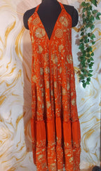 Handmade Orange Halter Maxi Dress, Gold Embroidered Floral Paisley