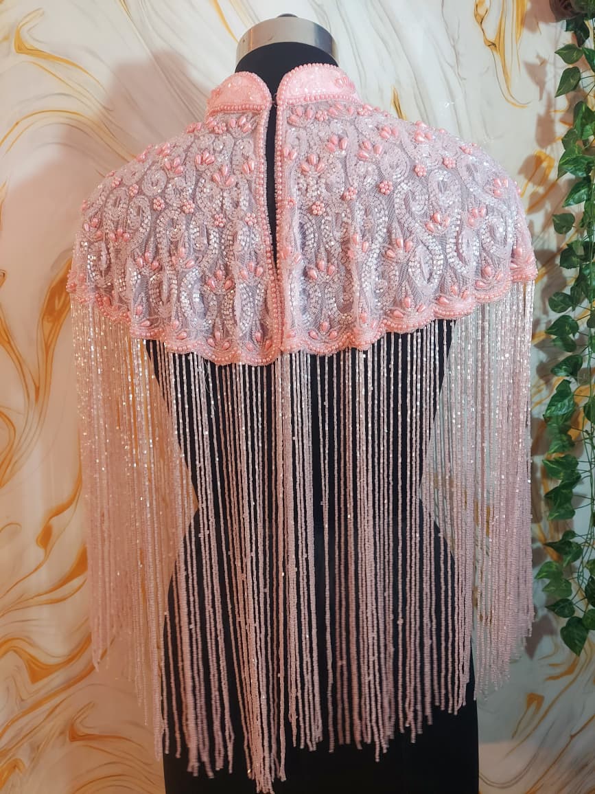 Handmade baby Pink Beaded Cape Poncho, Art Deco Evening Cover-Up