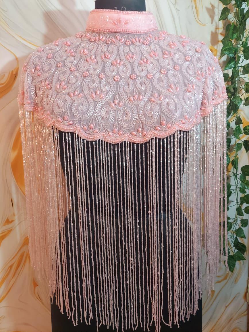 Handmade baby Pink Beaded Cape Poncho, Art Deco Evening Cover-Up