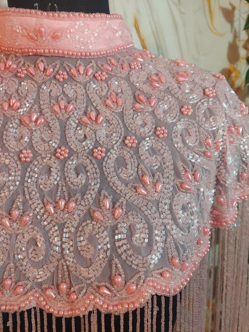 Handmade baby Pink Beaded Cape Poncho, Art Deco Evening Cover-Up