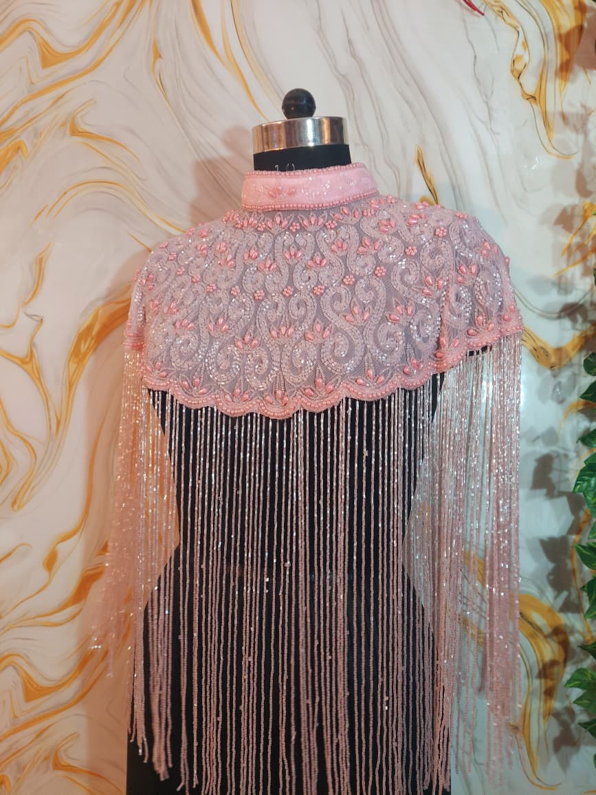 Handmade baby Pink Beaded Cape Poncho, Art Deco Evening Cover-Up