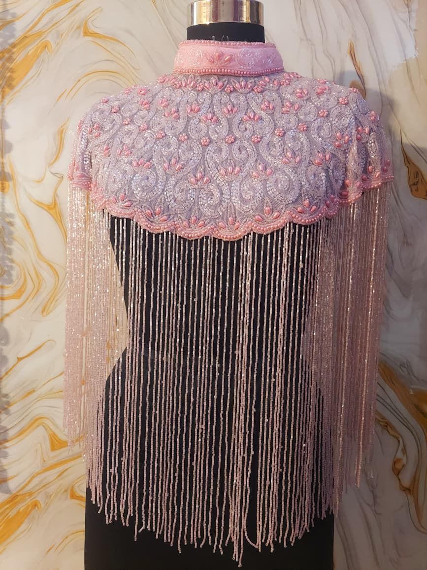 Handmade baby Pink Beaded Cape Poncho, Art Deco Evening Cover-Up